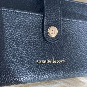 Nanette Lepore Black Long Wallet Gold Tone Accent and logo Embossed NWOT